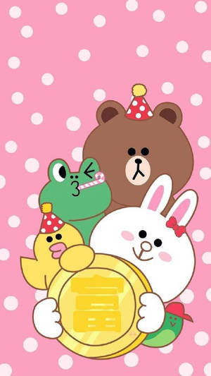 四個卡通動物手持帶有中文字元的金幣。 — Line Friends 壁紙