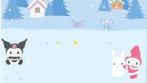 可愛的卡通角色享受雪天，有房屋和松樹。 — 聖誕美學 壁紙