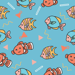 藍色背景上以重複圖案呈現的彩色卡通魚和形狀。 — iPad Pro M4 壁紙