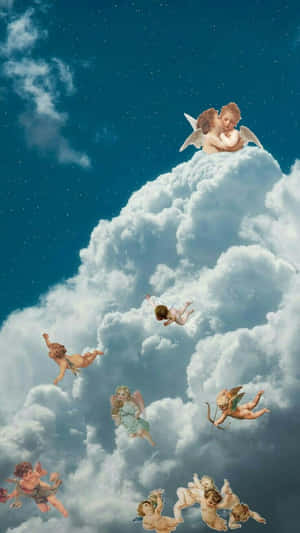 有翅膀的小天使在星空藍天中，在蓬鬆的雲朵間翻滾和漂浮。 — 天使 GIF 壁紙