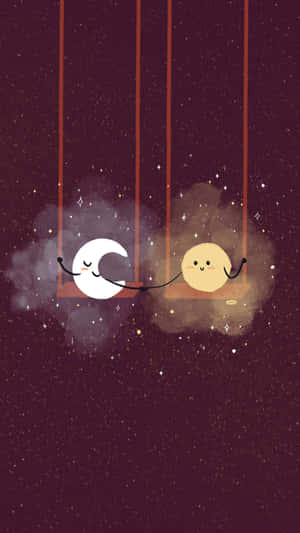 可愛的月亮和太陽在滿天星斗的夜空中一起搖擺。 — 月光 壁紙