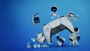 PlayStation控制器被頑皮的機器人包圍在藍色背景上。 — PS5 動態圖片 壁紙