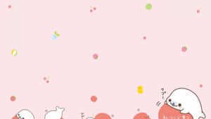 可愛的海豹在粉紅色背景上彈跳，周圍有漂浮的水果和玩具。 — Pink Kawaii 壁紙