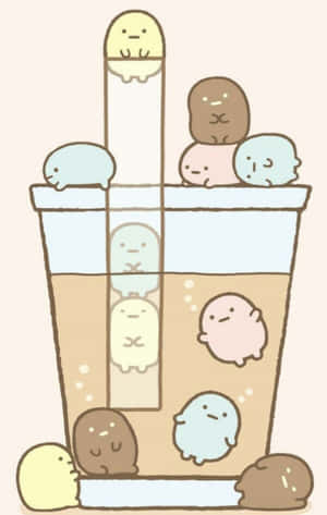珍珠奶茶杯內部和周圍的可愛 Sumikko Gurashi 角色。 — Infinix Xpad 20 壁紙