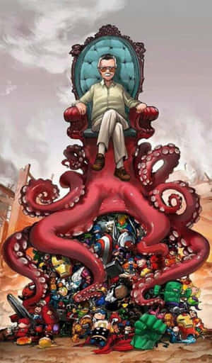 史丹·李坐在由一隻巨大的紅色章魚形成的王座上，周圍環繞著漫威超級英雄。 — Galaxy Tab A11 壁紙