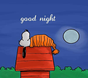 史努比在滿月下的紅色狗屋中安睡，附有「good night」文字。 — 晚安 壁紙