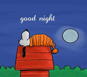 史努比在滿月下睡在紅色狗屋上，上方有「good night」文字。 — 晚安 壁紙