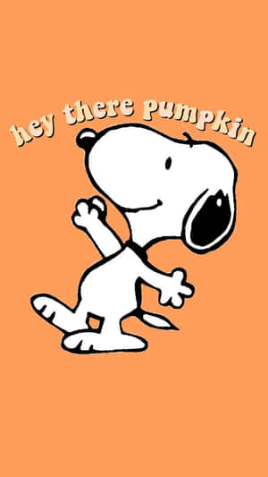 史努比在橙色背景上揮手，帶有文字「hey there pumpkin」 — 米格魯 壁紙