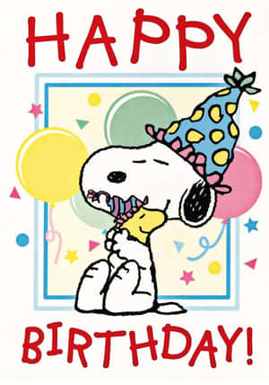 戴著派對帽的史努比手持寫有「Happy Birthday」的氣球 — 生日快樂蛋糕 壁紙