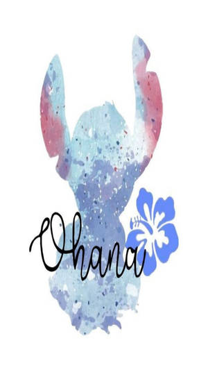 史迪奇水彩剪影，附芙蓉花和 Ohana 文字。 — 家庭 壁紙