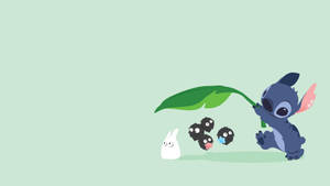 史迪奇用樹葉傘為一隻兔子和三隻黑色小生物遮擋。 — 可愛迪士尼史迪奇 壁紙