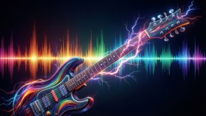 電吉他發出霓虹色彩和閃電光芒，在黑暗背景中與音波交織。 — 吉他英雄 壁紙