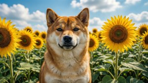 柴犬在陽光明媚的田野中被向日葵包圍。 — 狗狗迷因 壁紙