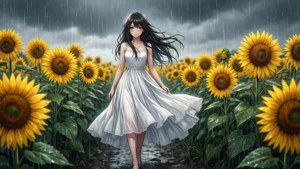 雨開始落下時，日菜在向日葵花田中的景象 — 天氣之子 壁紙
