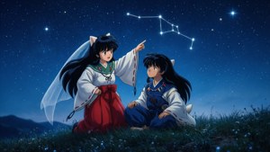 兩位身穿傳統服飾的動漫女孩指向夜空中的星星。