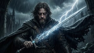 一位身披黑色斗篷的戰士，在閃電劃破暴風雨天空時揮舞著一把發光的劍。 — 林克 壁紙