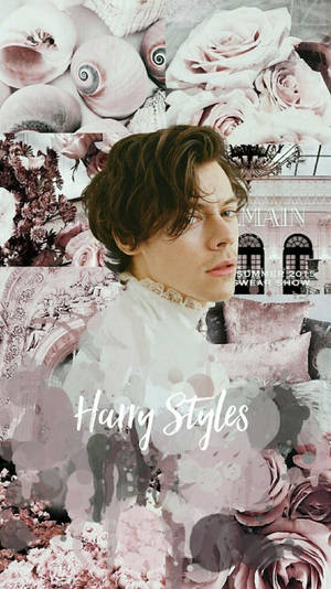 哈利·斯泰爾斯身穿白色蕾絲領，周圍環繞著粉紅玫瑰和貝殼的復古拼貼。 — 哈利波特 美學 壁紙