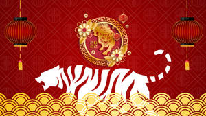 紅色背景上帶有燈籠和傳統圖案的中國新年老虎設計。 — 春節 壁紙