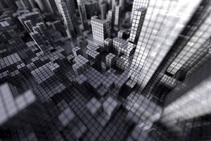 抽象黑白3D渲染城市，帶有網格圖案的摩天大樓。 — 灰色 壁紙