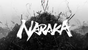 單色戰場場景，盔甲和武器高高堆疊在「Naraka」一詞下方。 — 混沌武士 壁紙
