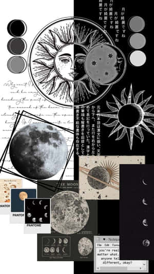 以月亮盈虧、太陽插圖和手寫筆記為特色的天體主題拼貼畫。 — 美學月亮 壁紙