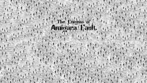 文字 The Enigma of Amigara Fault 被細小的火柴人包圍，背景為有紋理的灰色。