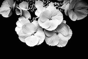 黑白花卉佈置，以繡球花為特色，花瓣紋理細緻。 — MacBook Pro M3 壁紙