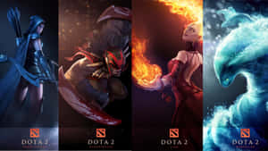 四位 Dota 2 角色在黑暗奇幻藝術中展示元素力量。 — 傳說對決英雄 壁紙