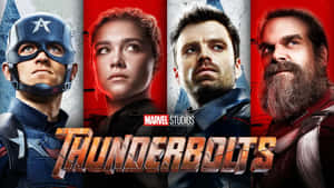 來自Marvel Studios電影《Thunderbolts》海報的四位超級英雄，表情強烈。 — 紫色夜空 壁紙