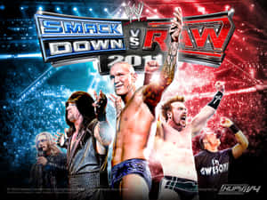 WWE摔角手在場館燈光下與SmackDown vs RAW 2011標誌一同慶祝勝利。 — 摔角 壁紙