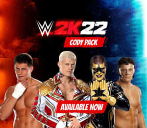 WWE 2K22 Cody Pack宣傳圖片，展示四位摔角手擺出戲劇性姿勢。 — 電玩遊戲 GIF 壁紙