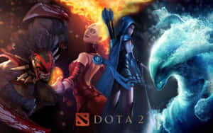 四位 Dota 2 英雄在黑暗奇幻場景中運用火與冰的魔法。 — 電玩遊戲 GIF 壁紙