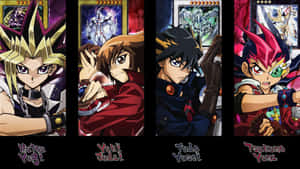 四位《遊戲王》決鬥者以動畫風格呈現，身後有發光的卡牌。
