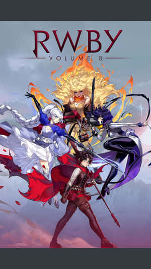 四位動漫角色在戰鬥中，擁有火焰般的頭髮和飄逸的斗篷。 — Rwby 壁紙