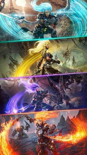 四位奇幻戰士在動態戰鬥場景中揮舞元素魔法劍。 — 電玩遊戲 GIF 壁紙