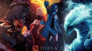四位Dota 2英雄在戰鬥中使用火與水魔法。 — Dota 2 4K 壁紙