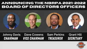 四位籃球傳奇人物被任命為 NBRPA 董事會成員，照片下方有職稱。 — 籃球 壁紙