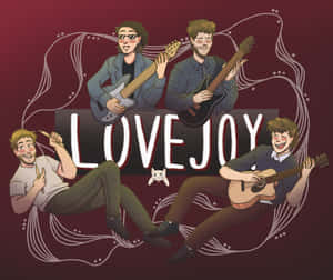 插圖風格的樂隊成員彈奏吉他，帶有「LOVEJOY」標誌和旋轉線條。 — 音樂美學 壁紙