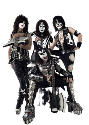Kiss 樂團成員全副妝容和舞台裝備，擺姿勢彈吉他。 — 岩石 壁紙