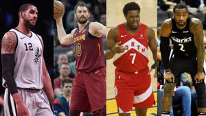 四位NBA籃球運動員在球場上穿著比賽制服。 — 克里夫蘭騎士隊 壁紙