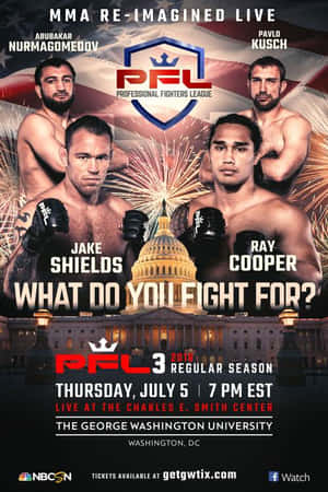 PFL MMA活動宣傳海報， featuring 四位拳手和夜晚的國會大廈。 — 運動 壁紙