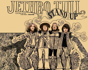 Jethro Tull 樂團成員身穿1970年代迷幻服裝的專輯封面藝術。 — 插畫 壁紙