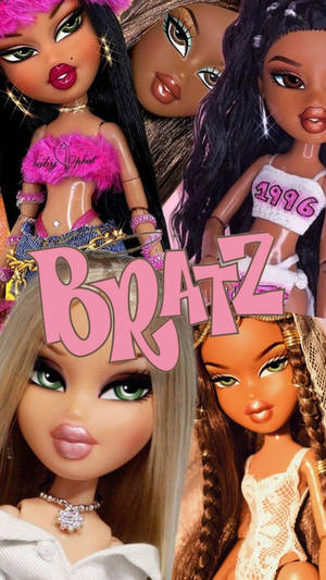 四個 Bratz 公仔，化著大膽妝容，穿著時尚服飾。 — Bratz 美學 GIF 壁紙