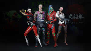 四個 cyberpunk 角色身穿紅色裝備手持武器，背景為老虎主題。 — 電馭叛客2077 壁紙