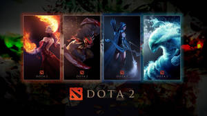 四個 Dota 2 英雄，帶有火、水和魔法效果，以數位藝術風格呈現。 — Dota 2 4K 壁紙