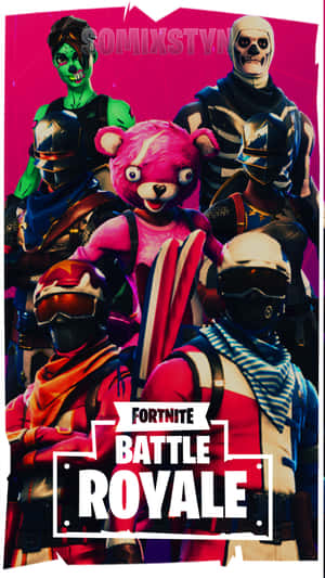 《Fortnite Battle Royale》角色穿著色彩繽紛的服裝一起擺姿勢。 — 舊金山 iPhone 壁紙