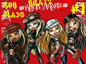 四個風格化的Bratz Angelz娃娃穿著搖滾服裝，在紅色背景上拿著吉他。 — Bratz 美學 GIF 壁紙