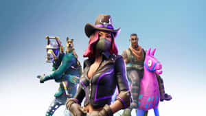 Fortnite角色與粉紅羊駝和戴面具的女人在清澈的天空下。 — 要塞英雄 大逃殺 壁紙