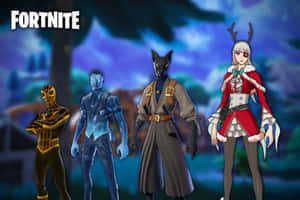 四個Fortnite角色在暮色中的神秘森林裡，帶著發光的眼睛和節日服飾。 — 酷炫的《要塞英雄》 壁紙