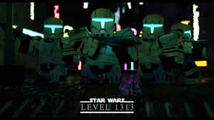 LEGO Star Wars 複製人士兵在夜晚霓虹城市中手持爆能槍。 — 暗黑地牢 壁紙